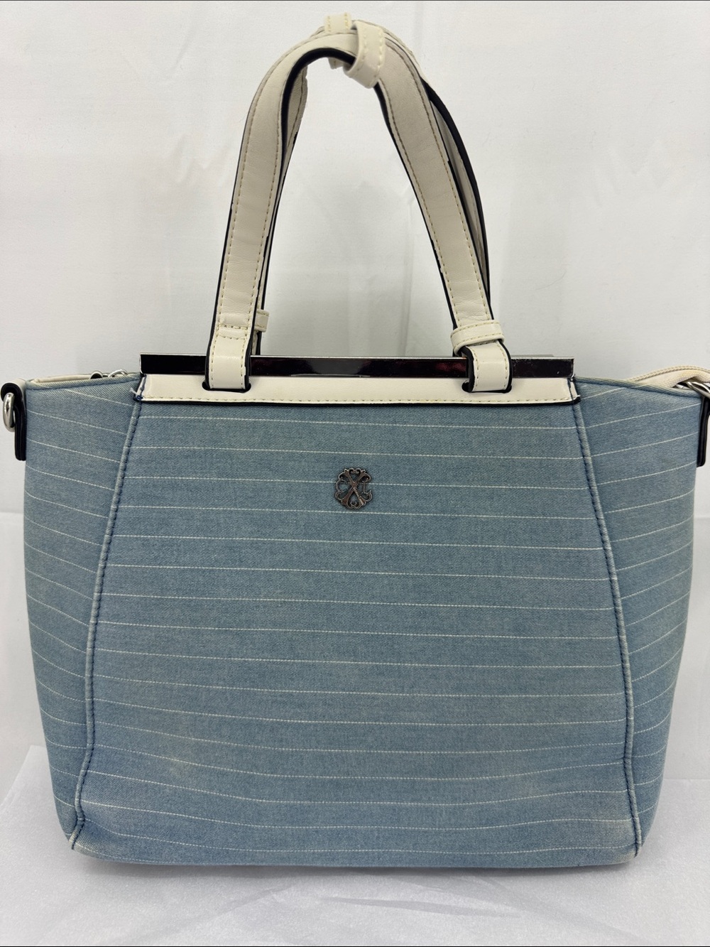 CXL by Christian LaCroix Giulia Satchel Purse, Denim Light Blue w/ Cream Stripes